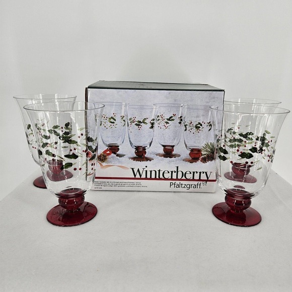 Pfaltzgraff Winterberry Water Holiday Goblets Hand Painted Etched Qty 4 In Box - Picture 5 of 8